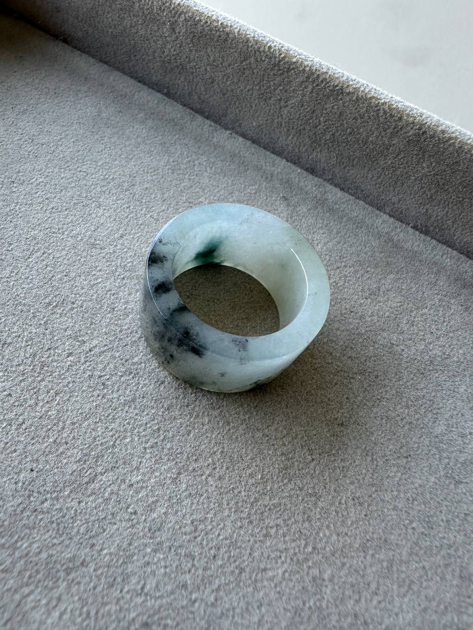 JO2505 Shufa | Icy White Jadeite Jade with Green and Black Wuji 乌鸡 Marbling Thumb Ring HK20 | US10