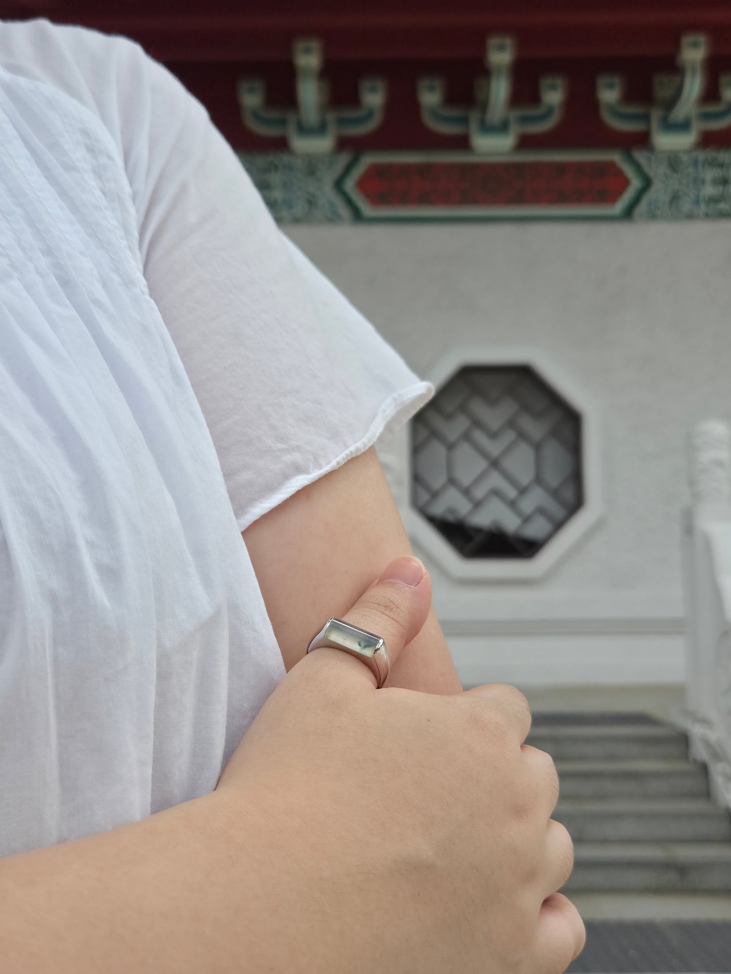 JO230013 Sprout in the Water | Icy Jadeite with Green and Yellow Marbling in Saddle Shaped Cabochon in 18K White Gold Ring