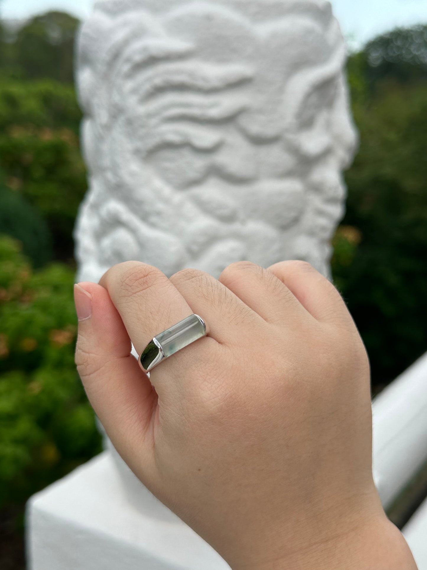 JO230013 Sprout in the Water | Icy Jadeite with Green and Yellow Marbling in Saddle Shaped Cabochon in 18K White Gold Ring