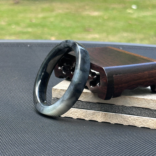 JBG25003 Knight | Black Jadeite Flat Shaped (Square) Bangle with Slight Green Marbling Size 58