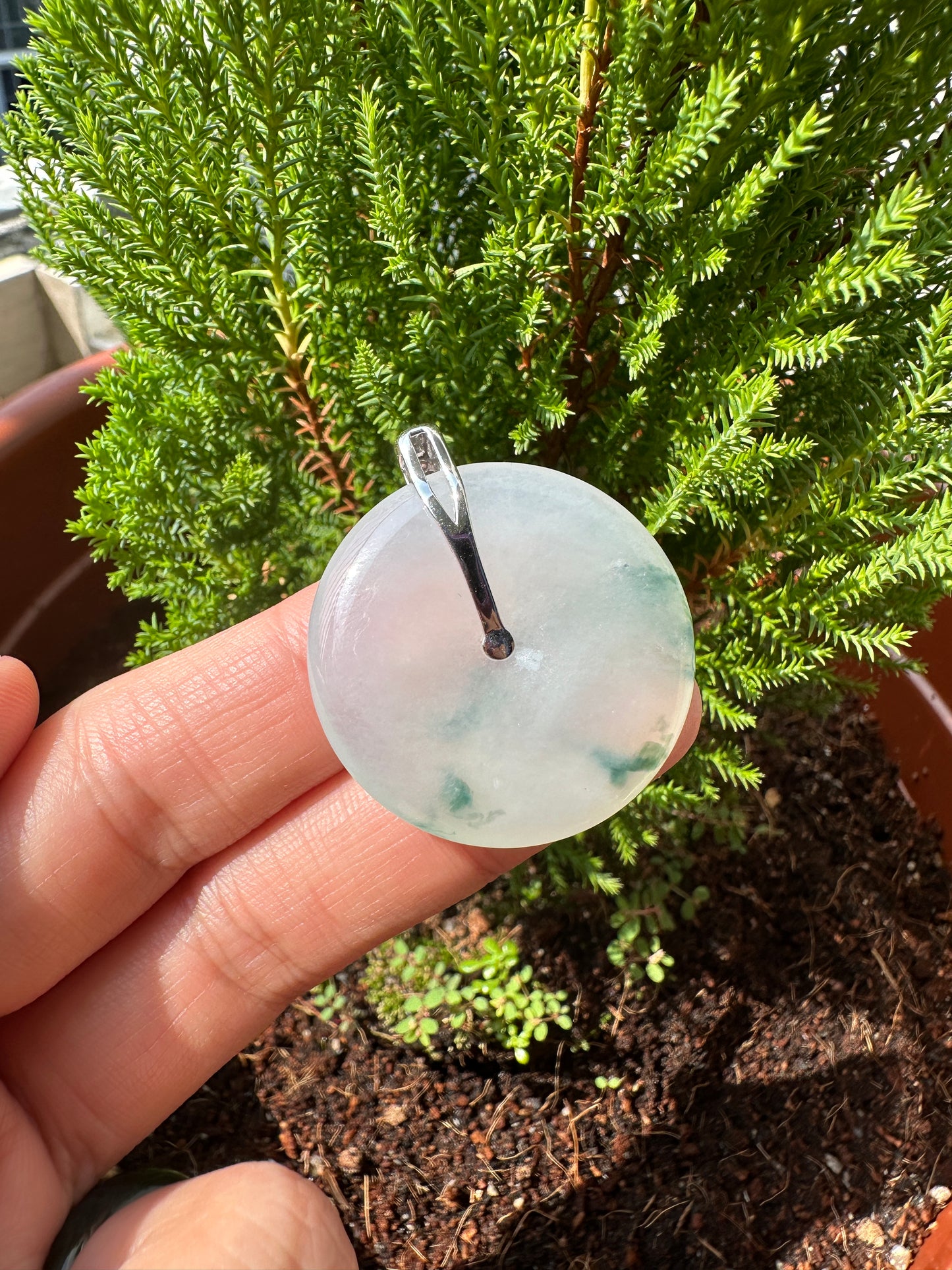 JPA230002 A Flow in Time | Icy White Burmese Jadeite Jade with Green Flower Marbling in Donut Carving set in 18K White Gold and Natural Diamonds