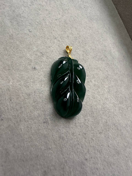 JYZ230001 A Drop of Dew | Icy Blue Water Burmese Grade A Leaf Carving Jadeite Jade Pendant in 18K setting