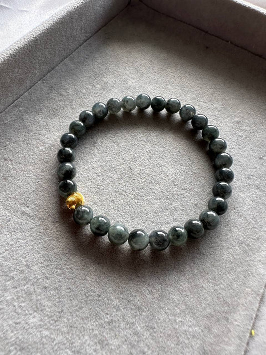 JBD228002 Black Ice and Gold | Icy Black Jadeite Jade Beads Bracelet with 18K Yellow Gold Bead