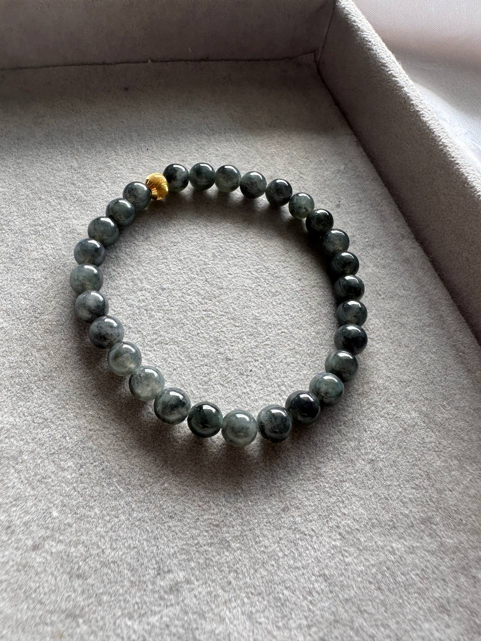 JBD228002 Black Ice and Gold | Icy Black Jadeite Jade Beads Bracelet with 18K Yellow Gold Bead