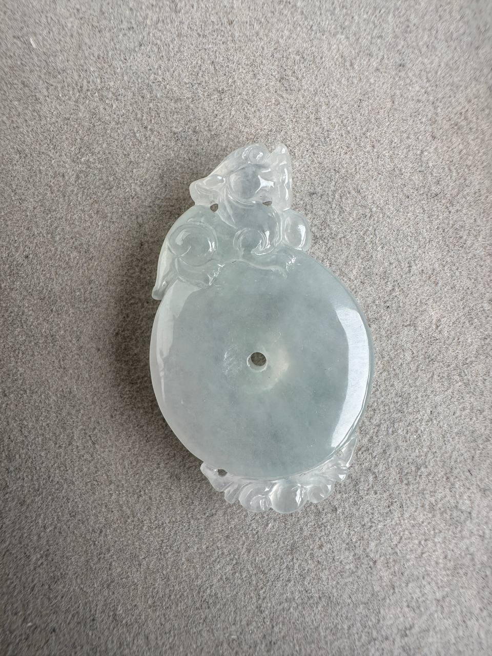 JPA224018 A Roar of Peace | Icy White with Green Base Jadeite Pendant Charm in Pixiu & Donut Carving