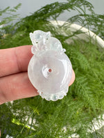 JPA224018 A Roar of Peace | Icy White with Green Base Jadeite Pendant Charm in Pixiu & Donut Carving