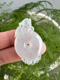 JPA224018 A Roar of Peace | Icy White with Green Base Jadeite Pendant Charm in Pixiu & Donut Carving