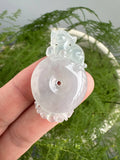 JPA224018 A Roar of Peace | Icy White with Green Base Jadeite Pendant Charm in Pixiu & Donut Carving