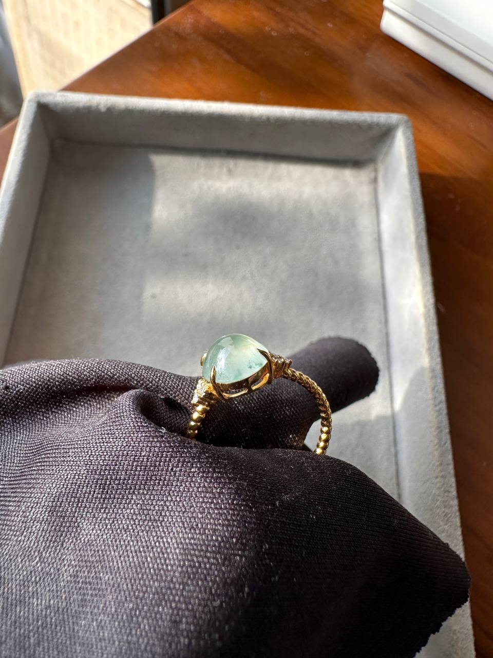 JO227025 Diffuse | Icy Burmese Grade A Flower Marbling Jadeite Jade Cabochon in 18K Yellow Gold with natural diamonds HK 13 | US 5