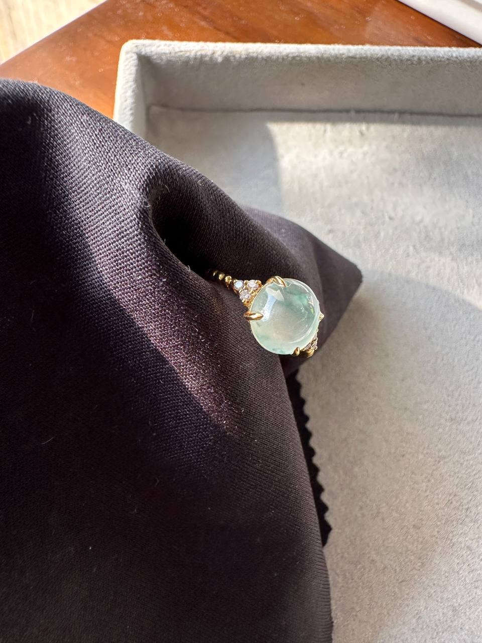 JO227025 Diffuse | Icy Burmese Grade A Flower Marbling Jadeite Jade Cabochon in 18K Yellow Gold with natural diamonds HK 13 | US 5