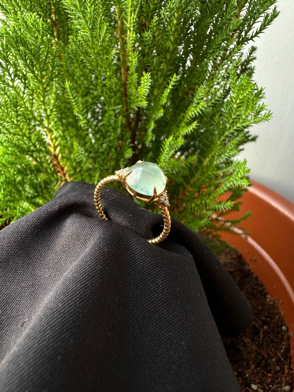 JO227025 Diffuse | Icy Burmese Grade A Flower Marbling Jadeite Jade Cabochon in 18K Yellow Gold with natural diamonds HK 13 | US 5