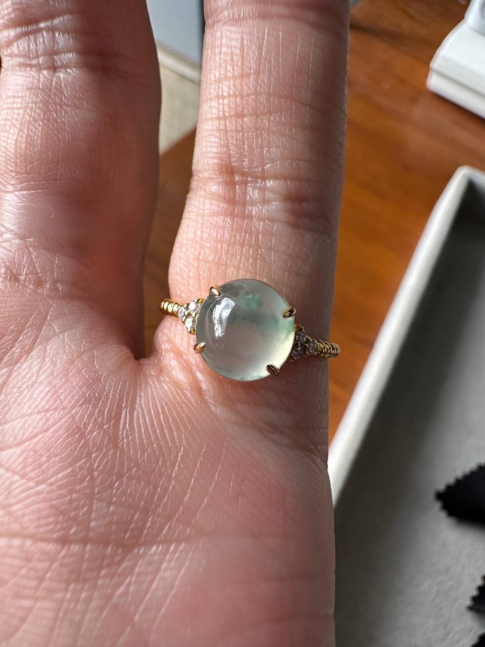 JO227025 Diffuse | Icy Burmese Grade A Flower Marbling Jadeite Jade Cabochon in 18K Yellow Gold with natural diamonds HK 13 | US 5