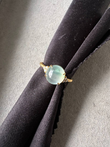 JO227025 Diffuse | Icy Burmese Grade A Flower Marbling Jadeite Jade Cabochon in 18K Yellow Gold with natural diamonds HK 13 | US 5