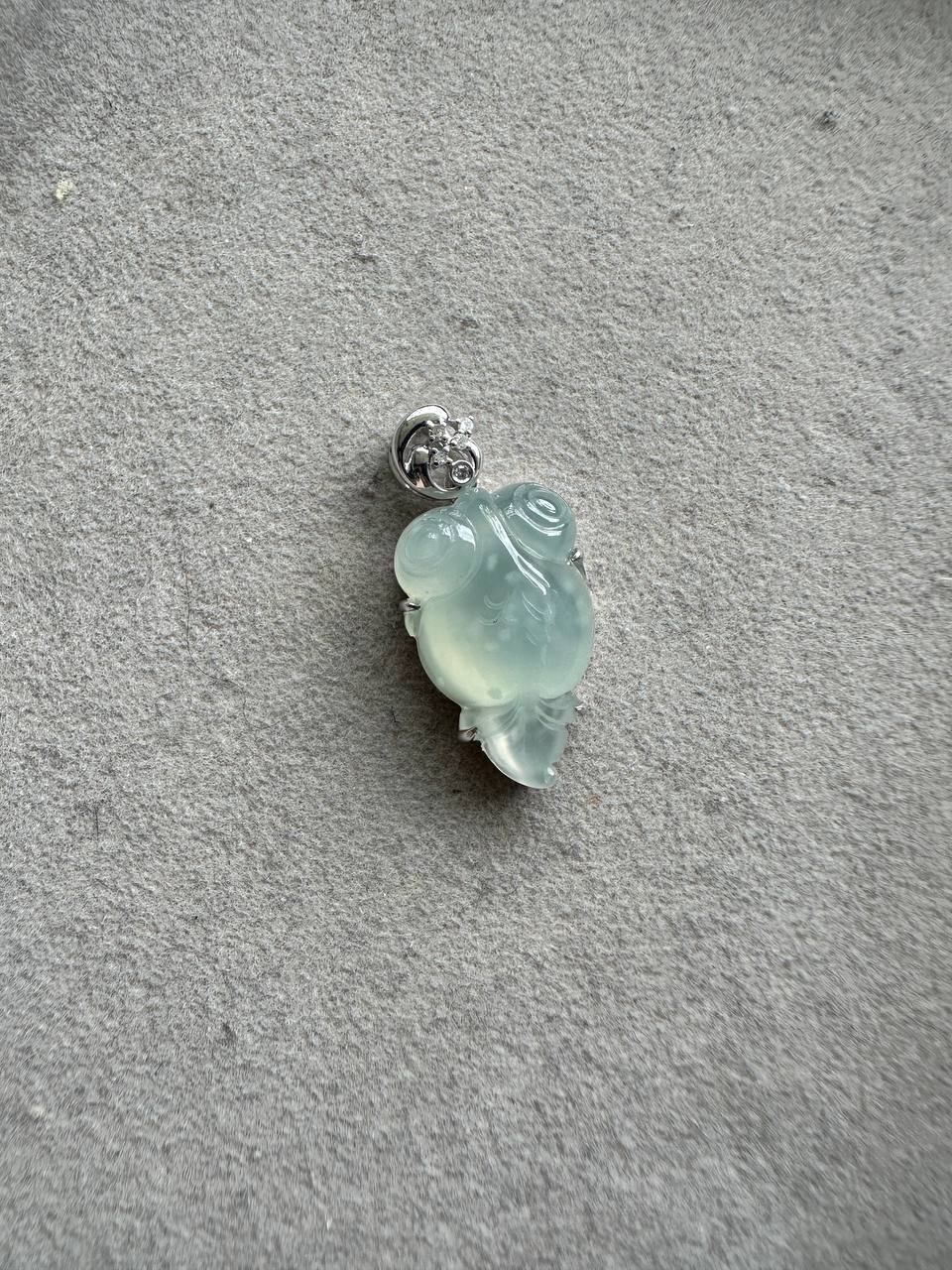 JA224009 Poisson | Icy Snowflake Blue-based Muna Jadeite in Goldfish Carving with 18K White Gold Setting