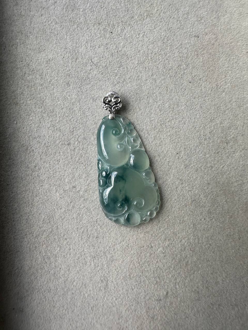 JRY230002 True | Icy Blue Ruyi Jadeite Carving in 18K White Gold Set with Natural Diamonds