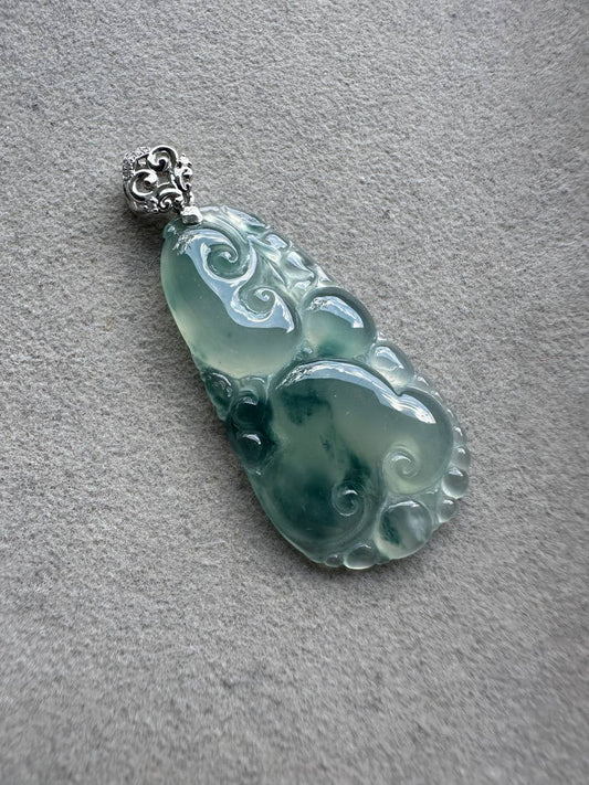 JRY230002 True | Icy Blue Ruyi Jadeite Carving in 18K White Gold Set with Natural Diamonds