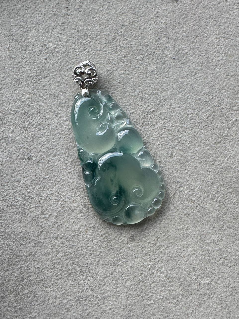 JRY230002 True | Icy Blue Ruyi Jadeite Carving in 18K White Gold Set with Natural Diamonds