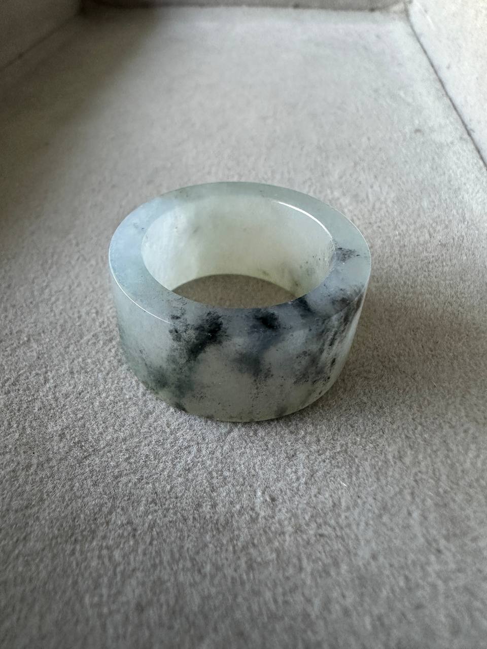 JO2505 Shufa | Icy White Jadeite Jade with Green and Black Wuji 乌鸡 Marbling Thumb Ring HK20 | US10