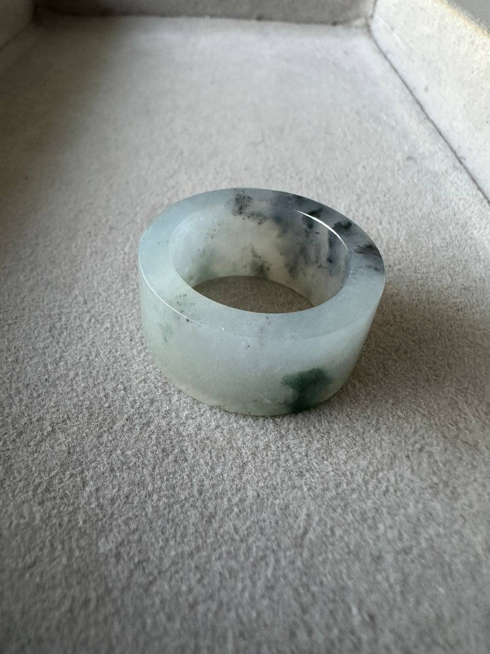 JO2505 Shufa | Icy White Jadeite Jade with Green and Black Wuji 乌鸡 Marbling Thumb Ring HK20 | US10