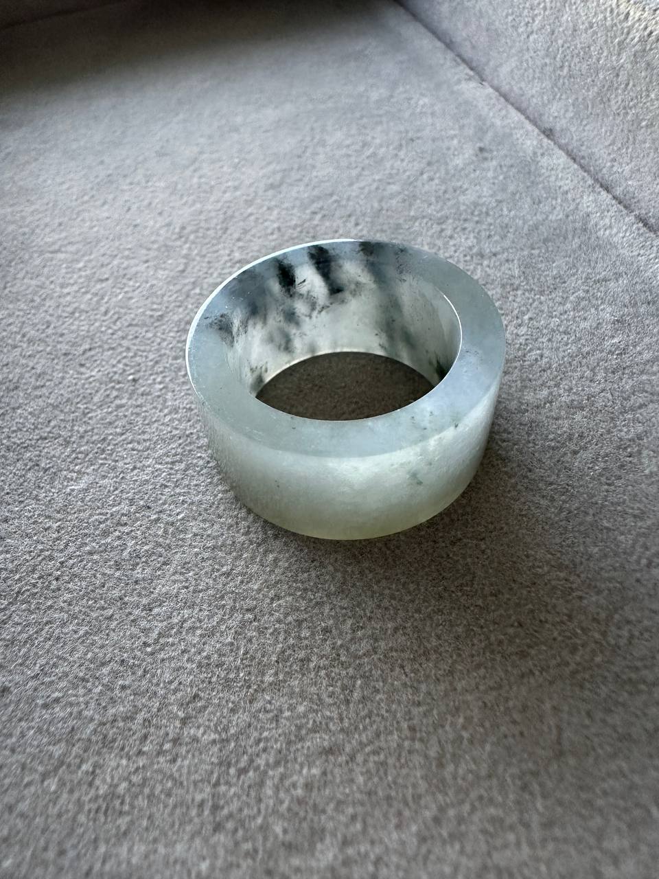 JO2505 Shufa | Icy White Jadeite Jade with Green and Black Wuji 乌鸡 Marbling Thumb Ring HK20 | US10