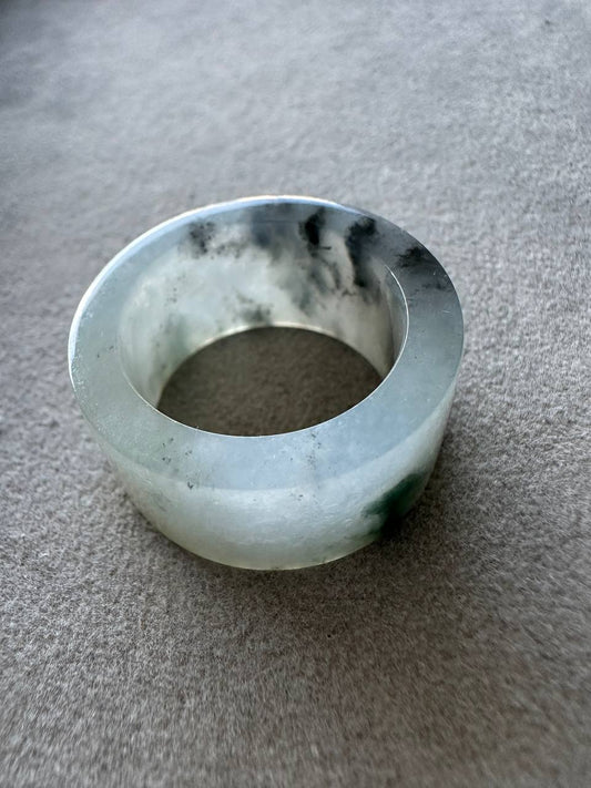 JO2505 Shufa | Icy White Jadeite Jade with Green and Black Wuji 乌鸡 Marbling Thumb Ring HK20 | US10