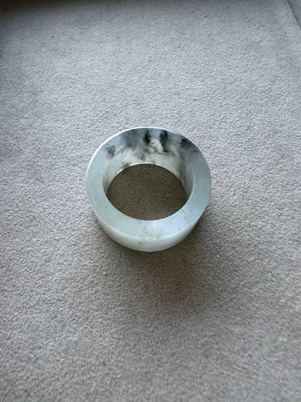 JO2505 Shufa | Icy White Jadeite Jade with Green and Black Wuji 乌鸡 Marbling Thumb Ring HK20 | US10