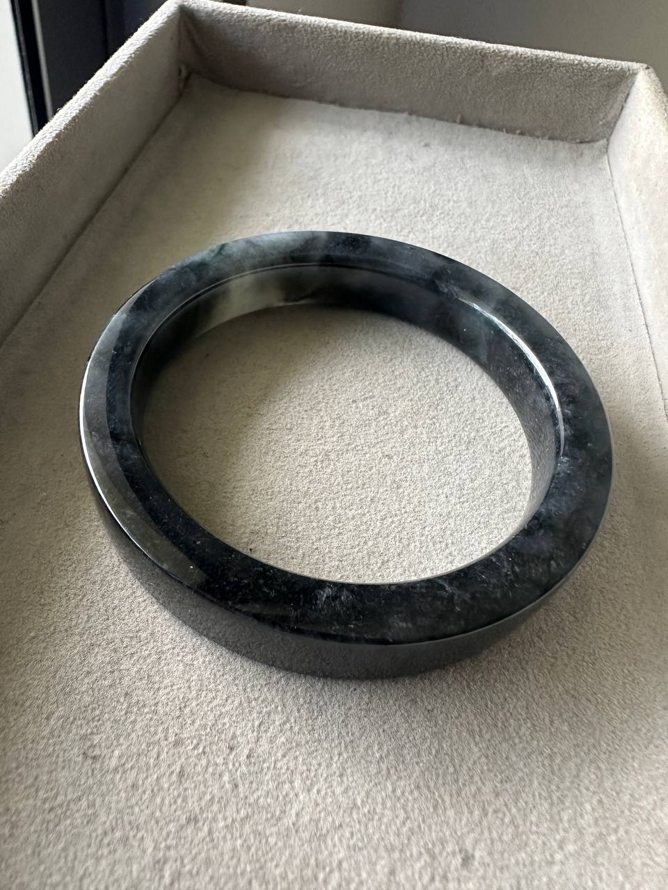 JBG25003 Knight | Black Jadeite Flat Shaped (Square) Bangle with Slight Green Marbling Size 58