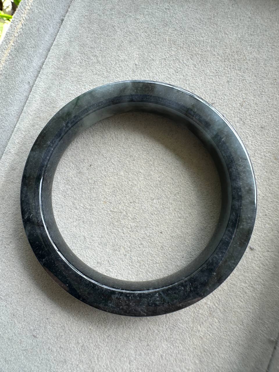 JBG25003 Knight | Black Jadeite Flat Shaped (Square) Bangle with Slight Green Marbling Size 58