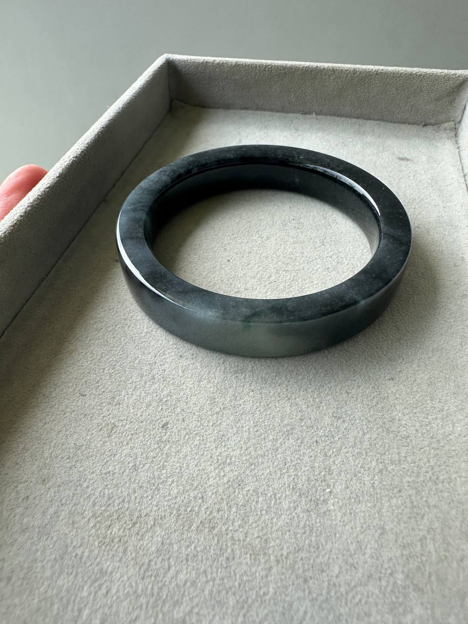 JBG25003 Knight | Black Jadeite Flat Shaped (Square) Bangle with Slight Green Marbling Size 58