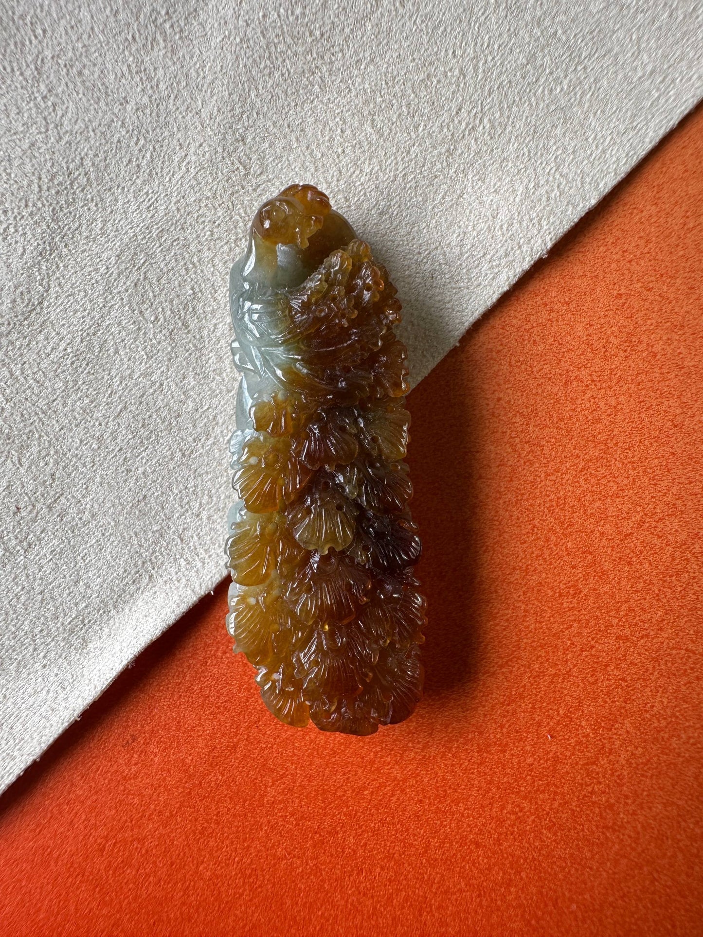 JA224008 Flaunt | Amber Red Jadeite in Peacock Carving