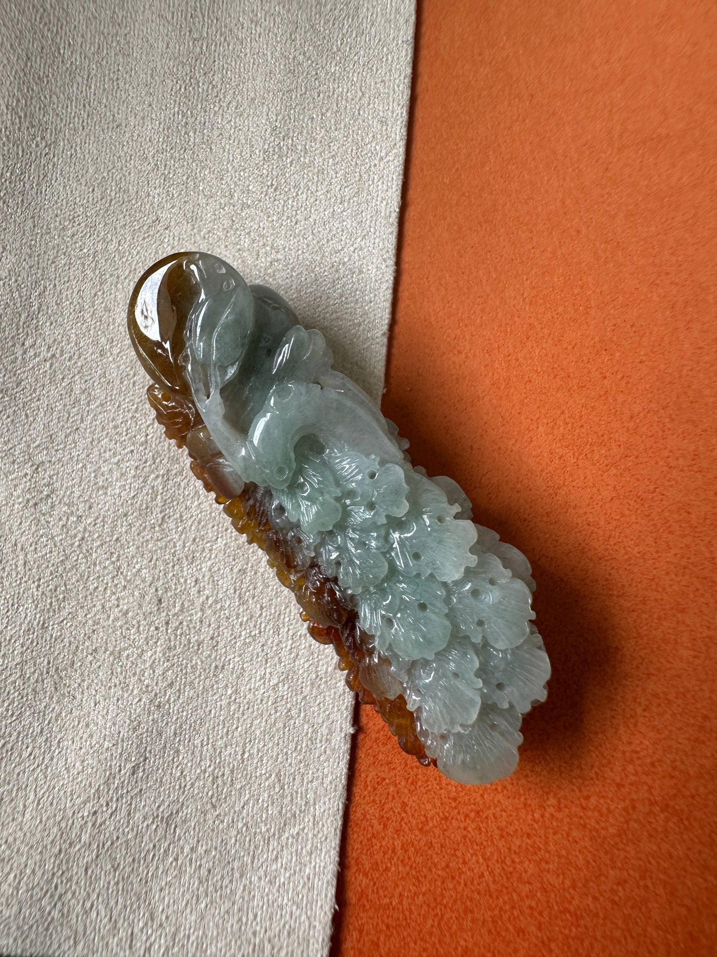 JA224008 Flaunt | Amber Red Jadeite in Peacock Carving