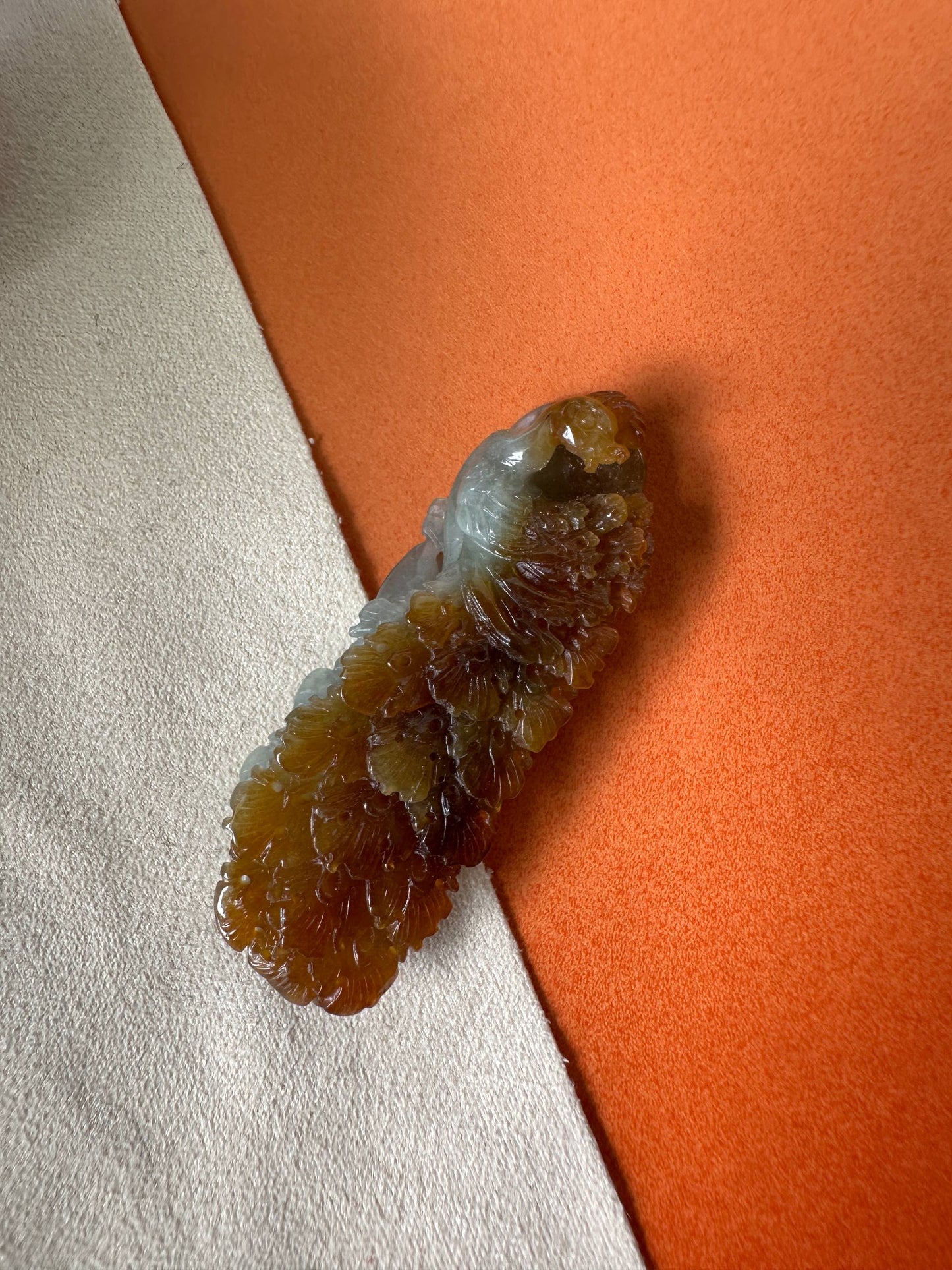 JA224008 Flaunt | Amber Red Jadeite in Peacock Carving