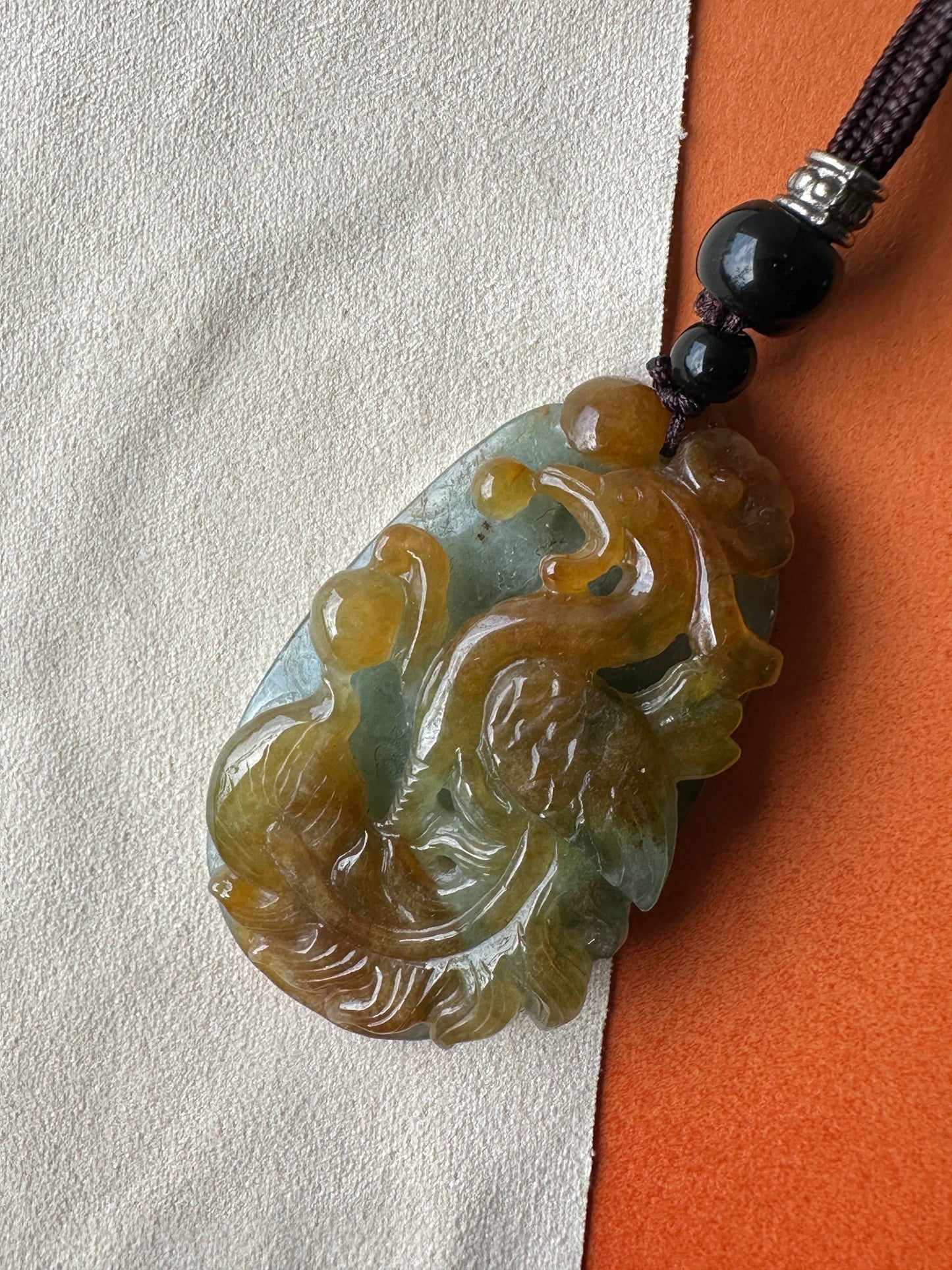 JFA227055 Rising | Red and Green Jadeite Pendant in Phoenix Carving