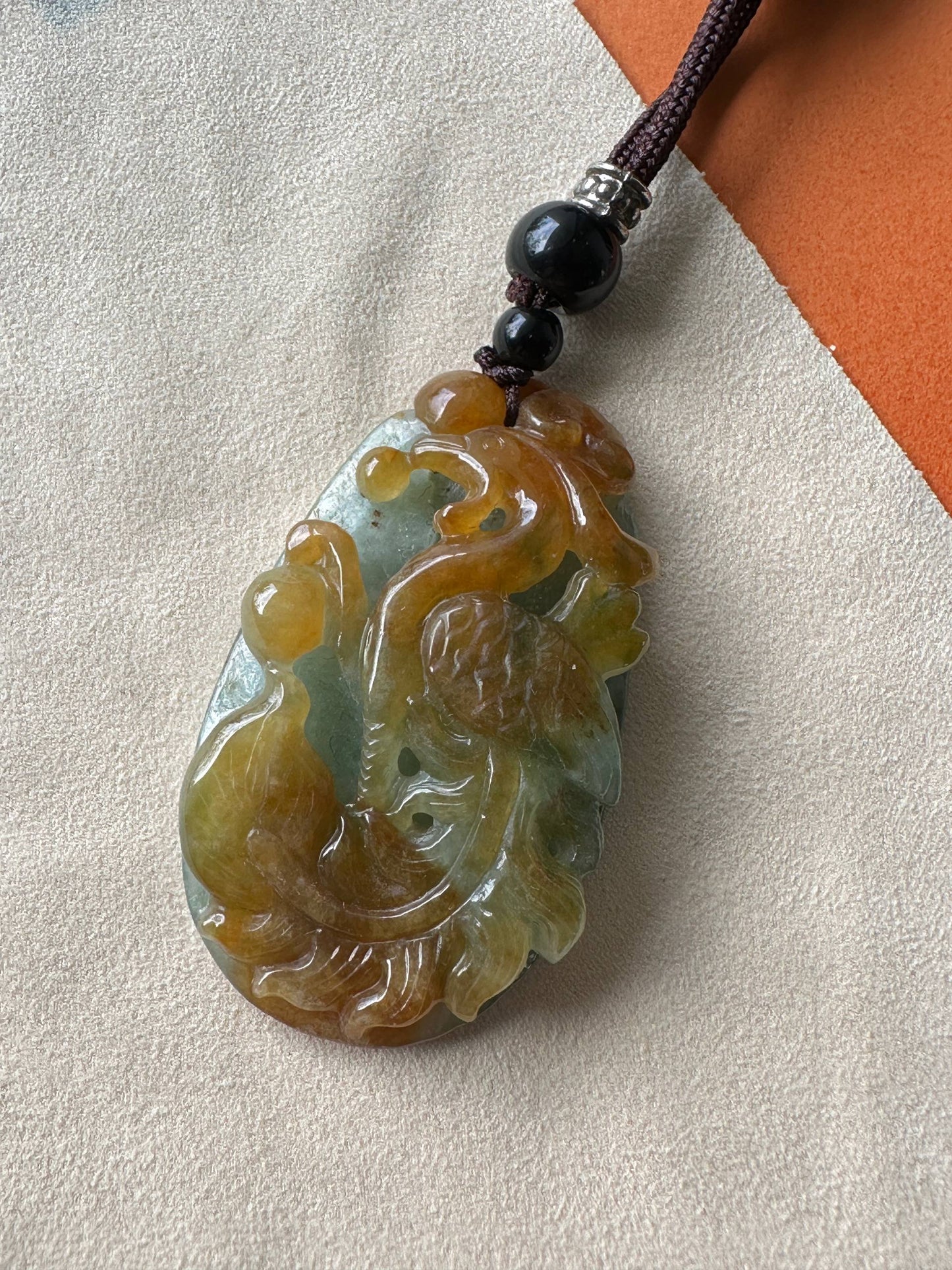 JFA227055 Rising | Red and Green Jadeite Pendant in Phoenix Carving
