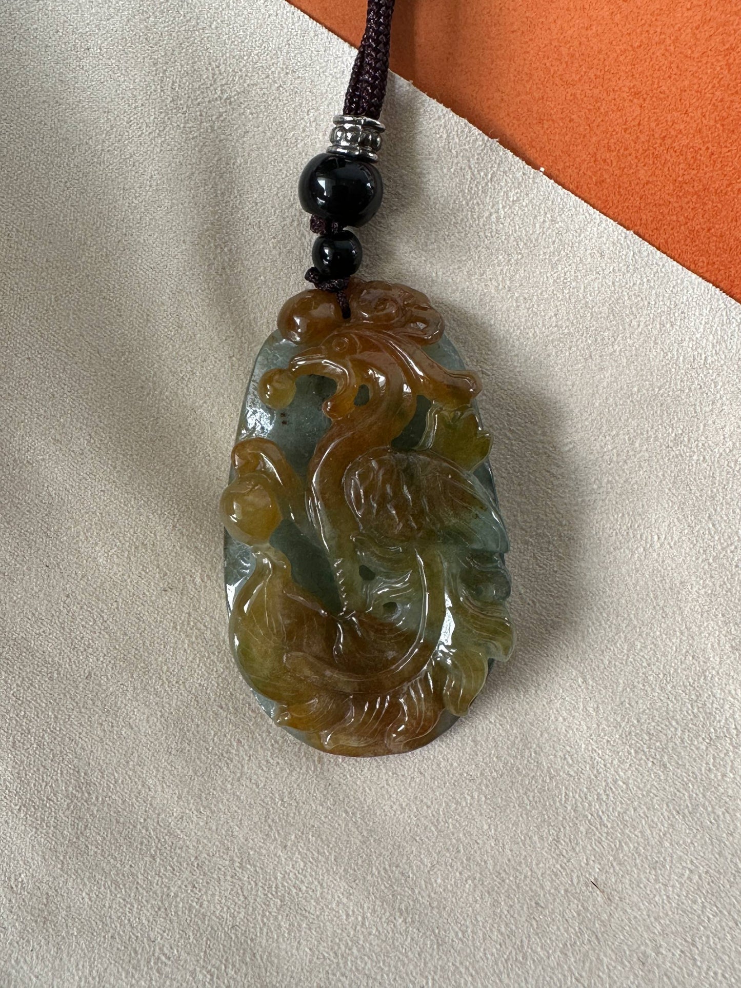 JFA227055 Rising | Red and Green Jadeite Pendant in Phoenix Carving