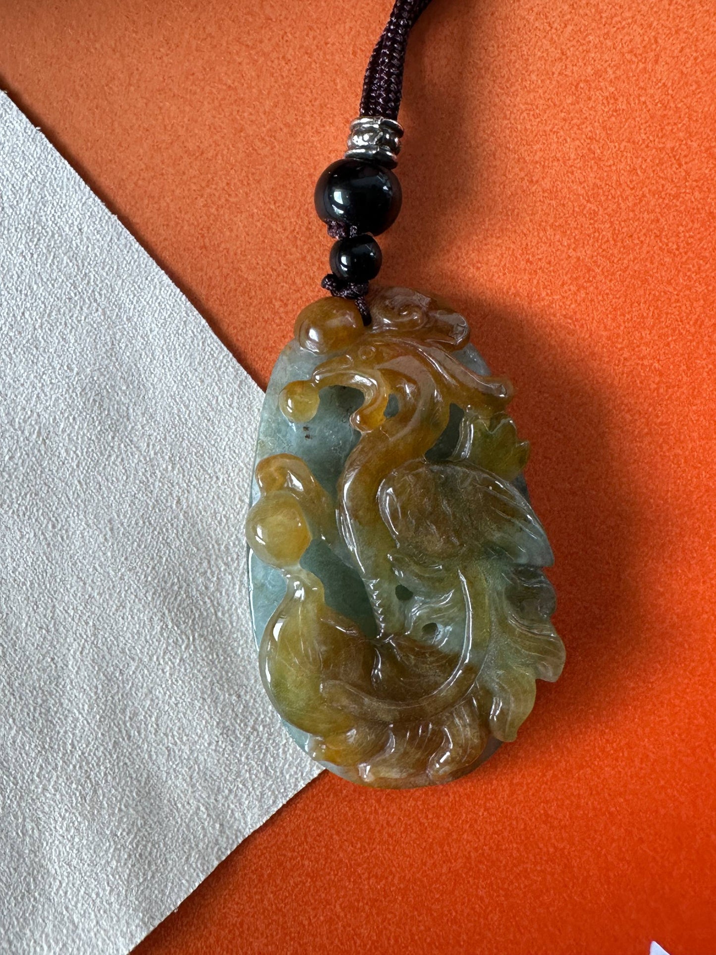 JFA227055 Rising | Red and Green Jadeite Pendant in Phoenix Carving