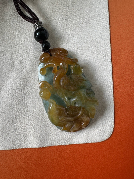 JFA227055 Rising | Red and Green Jadeite Pendant in Phoenix Carving