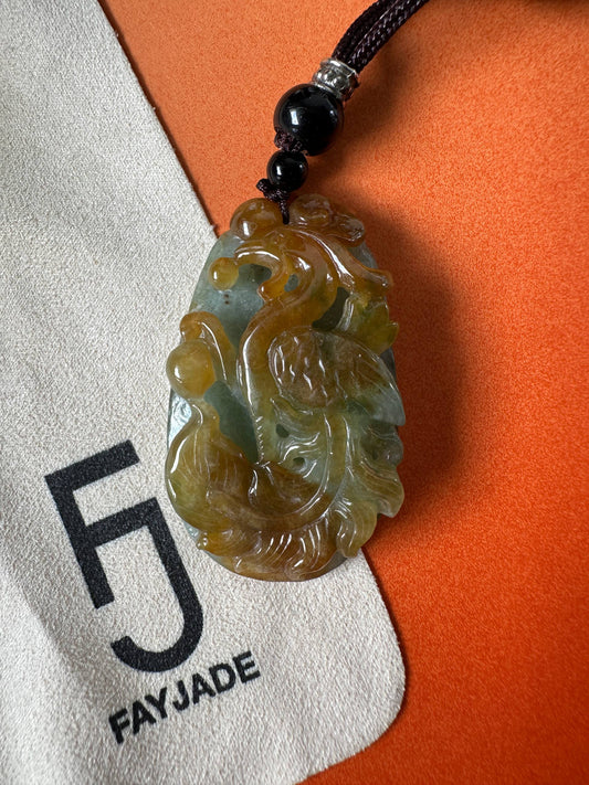 JFA227055 Rising | Red and Green Jadeite Pendant in Phoenix Carving