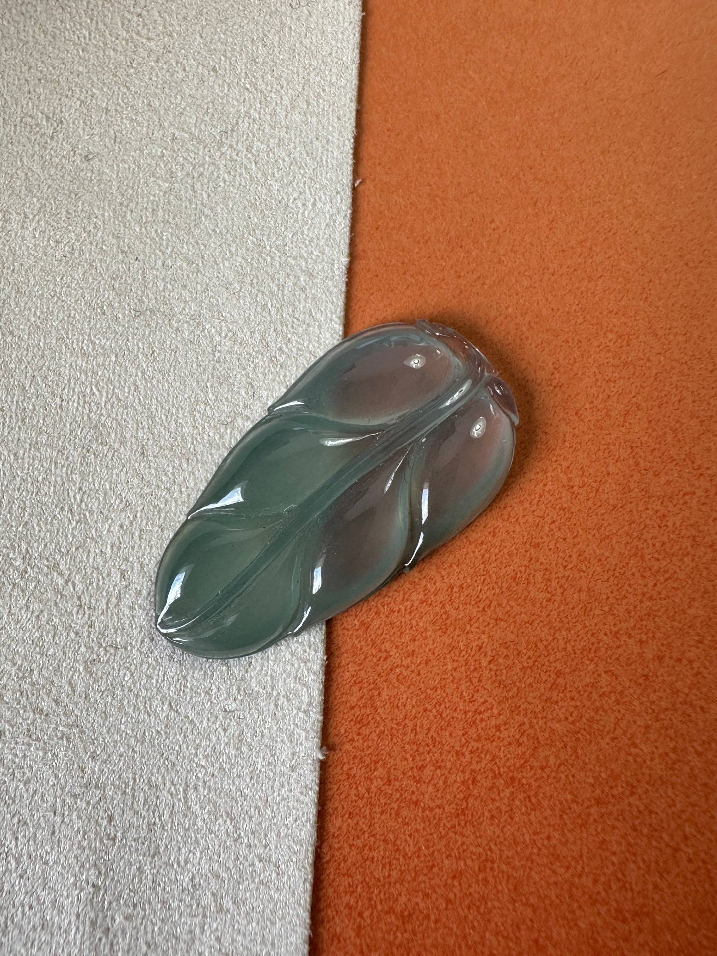 JYZ223001 Fontaine | Icy Green Blue Jadeite in Leaf Carving