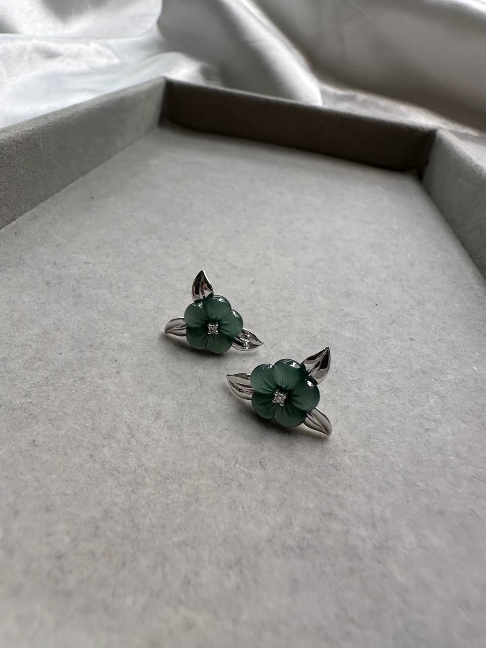 JO225001 Blossoms in the Ocean | Icy Blue Green Jadeite Flowers 18K Studs