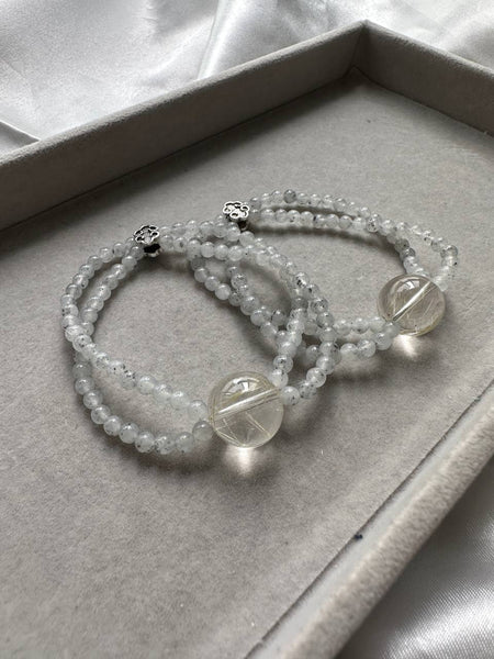 JBD228006 Double the Wealth | Icy Spotted Wuji Jadeite Rice Beads with Clear Golden Rutilated Quartz Bracelet