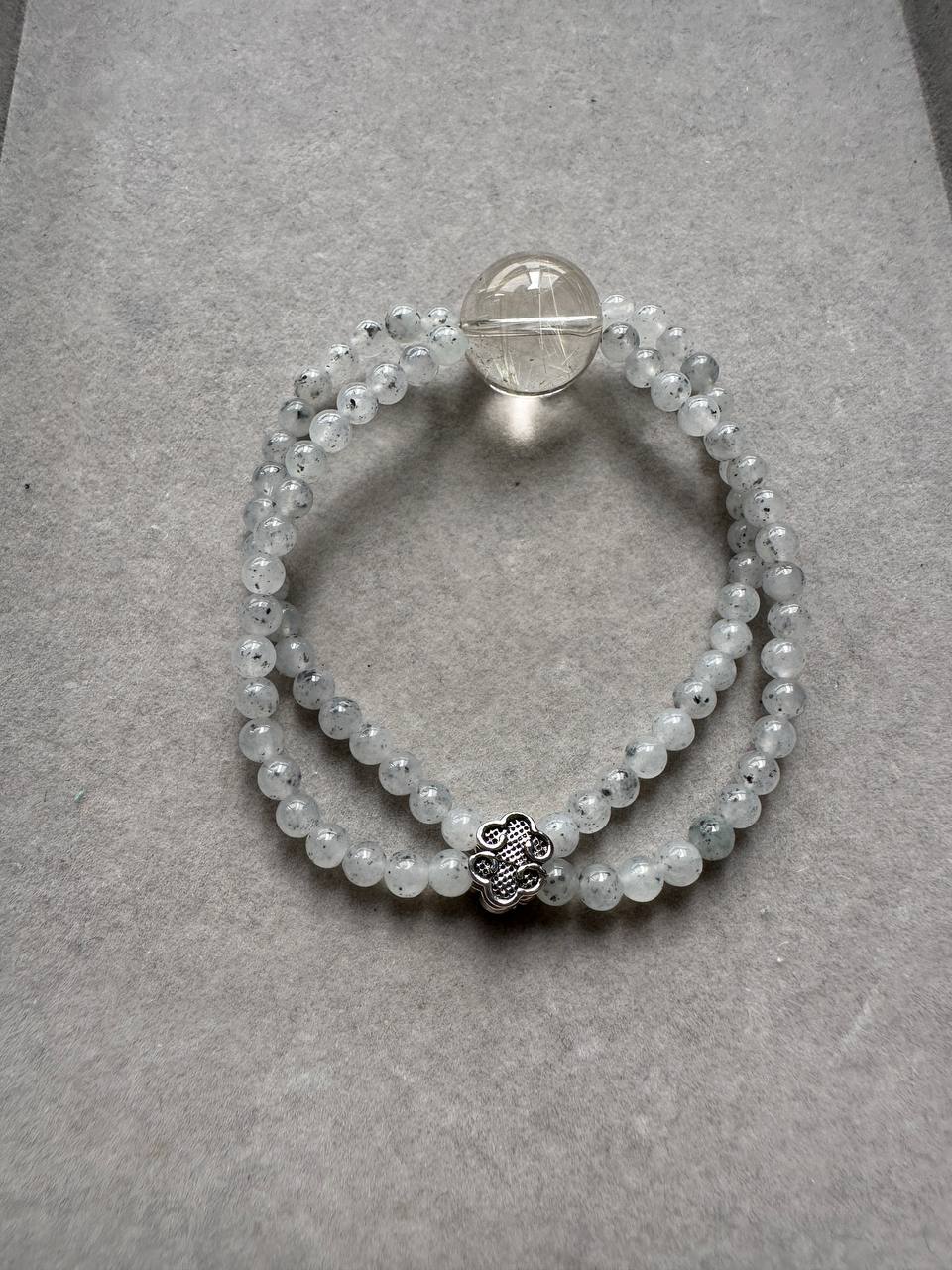 JBD228006 Double the Wealth | Icy Spotted Wuji Jadeite Rice Beads with Clear Golden Rutilated Quartz Bracelet