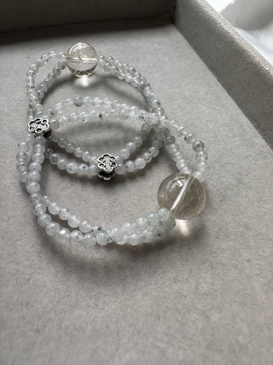 JBD228006 Double the Wealth | Icy Spotted Wuji Jadeite Rice Beads with Clear Golden Rutilated Quartz Bracelet
