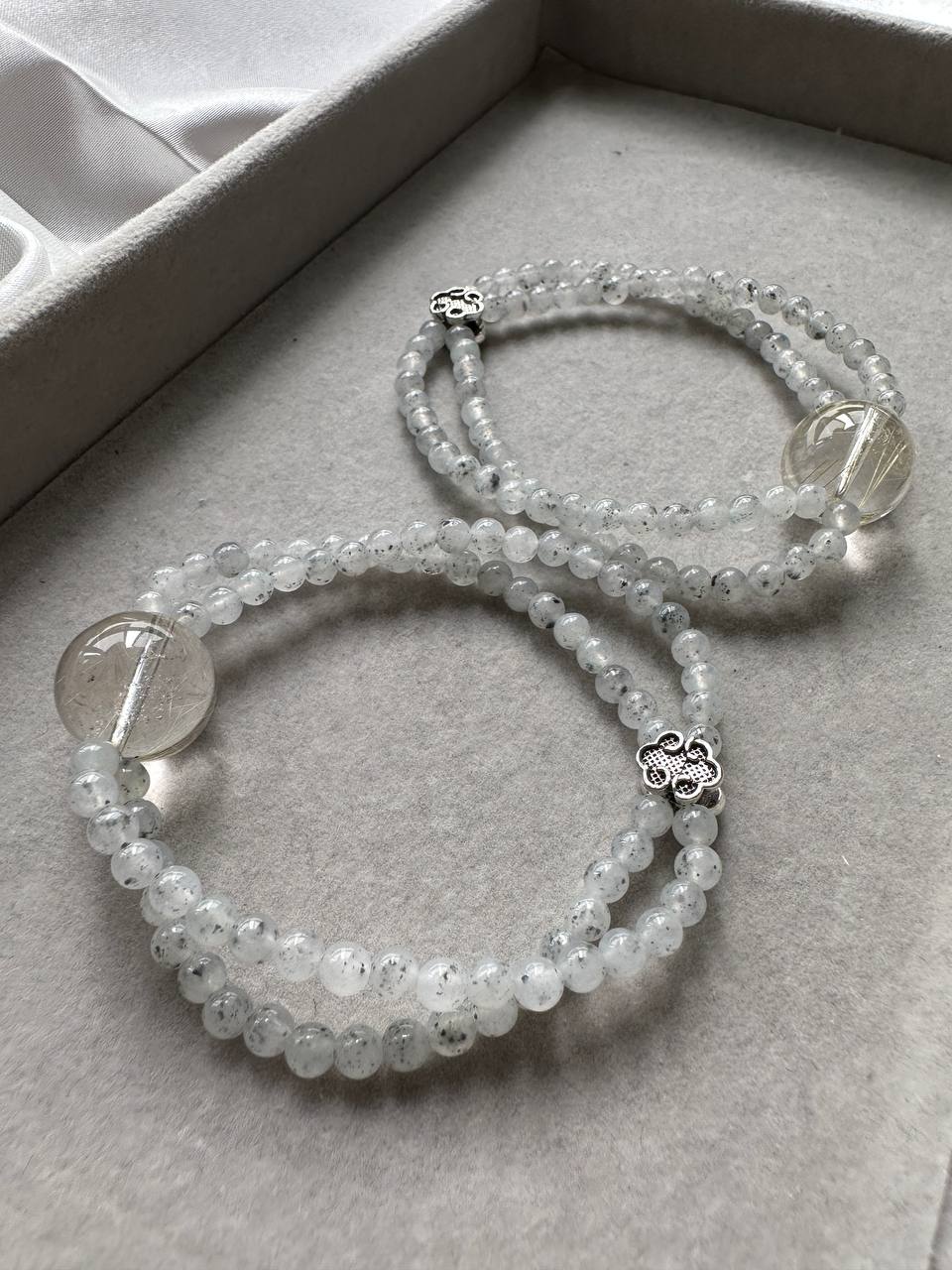 JBD228006 Double the Wealth | Icy Spotted Wuji Jadeite Rice Beads with Clear Golden Rutilated Quartz Bracelet