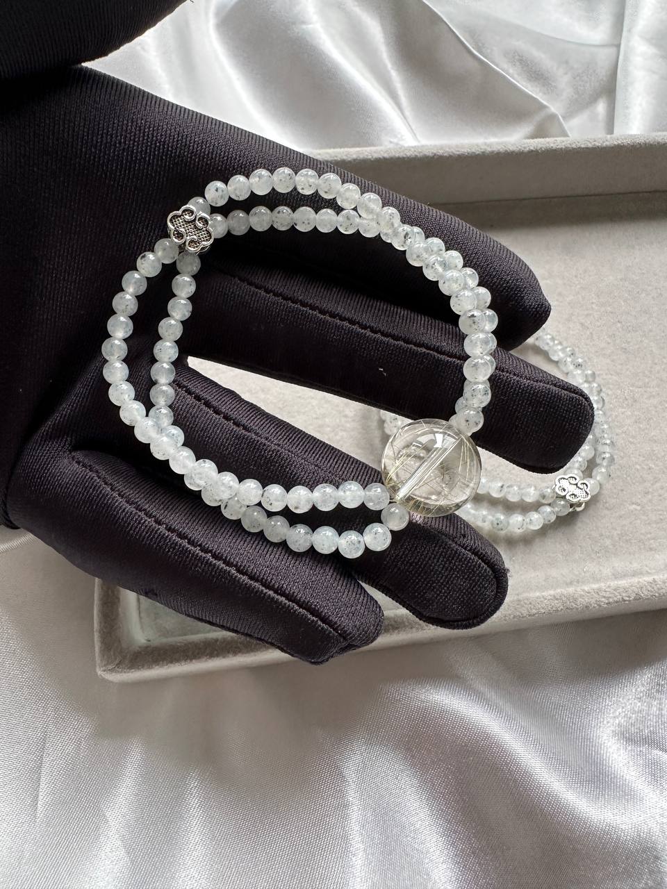 JBD228006 Double the Wealth | Icy Spotted Wuji Jadeite Rice Beads with Clear Golden Rutilated Quartz Bracelet