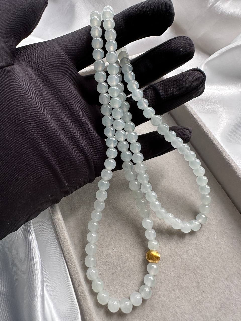 JBD223003 The Golden Snow | Icy White Jadeite Beads Necklace with 24K Gold Bead