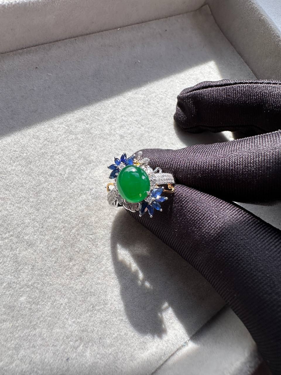JO230001 The Secret Garden | Icy Grand Green Jadeite Cabochon with Diamond and Sapphire in 18K White Gold Ring Setting