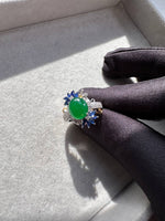 JO230001 The Secret Garden | Icy Grand Green Jadeite Cabochon with Diamond and Sapphire in 18K White Gold Ring Setting