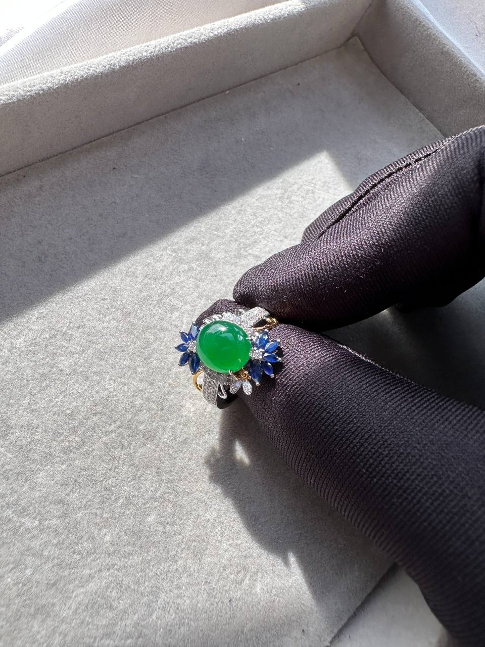 JO230001 The Secret Garden | Icy Grand Green Jadeite Cabochon with Diamond and Sapphire in 18K White Gold Ring Setting