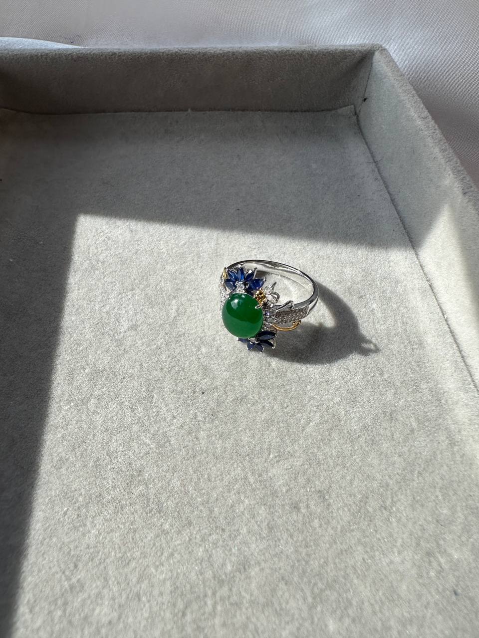 JO230001 The Secret Garden | Icy Grand Green Jadeite Cabochon with Diamond and Sapphire in 18K White Gold Ring Setting